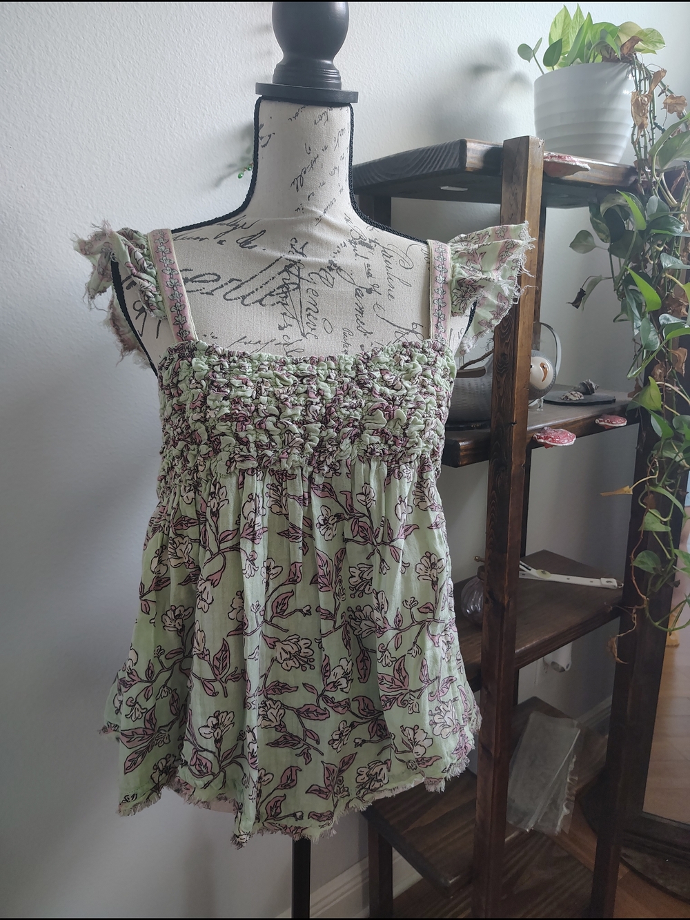 Free People Sage Green Floral Smocked Ruffle Strap Camisole